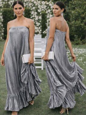 L'idee Fantasia Gown Silver Grey Pleated Strapless Metallic Shift Size 2